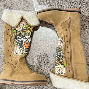 2008 Original Ed hardy tall tan suede boots with swarovski crystals